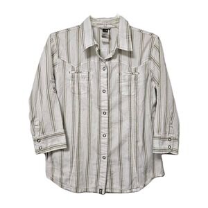 The North Face Shirt Women's Medium White Tan Striped Snaps 3/4 Sleeve Outdoor